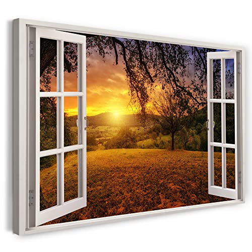 Printistico Leinwandbild (120x80cm) Fensterblick - Feld Sonnenuntergang Natur Baum - Natur-Fotografie, echter Holz-Keilrahmen inkl. Aufhänger, handgefertigt in Deutschland von Printistico