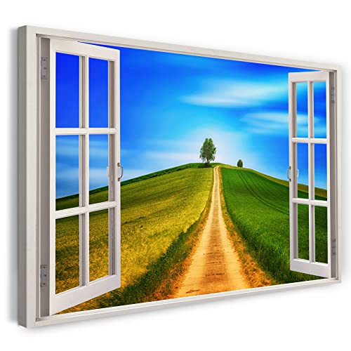 Printistico Leinwandbild (120x80cm) Fensterblick - Feldweg Baum Weide Landschaft Natur - Natur-Fotografie, echter Holz-Keilrahmen inkl. Aufhänger, handgefertigt in Deutschland von Printistico