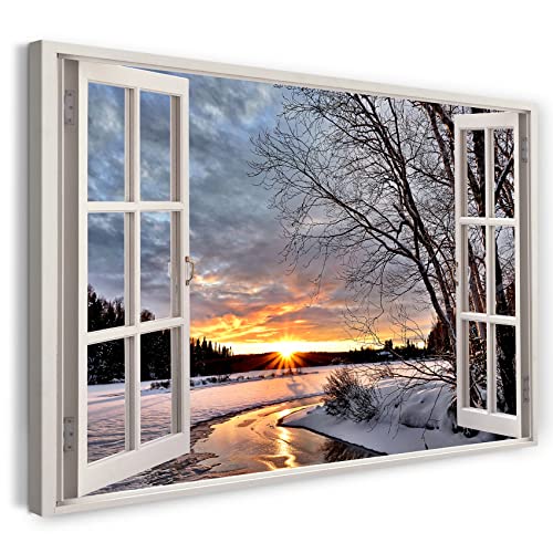 Printistico Leinwandbild (120x80cm) Fensterblick - Fluss Winter Landschaft Sonnenuntergang Natur - Natur-Fotografie, echter Holz-Keilrahmen inkl. Aufhänger, handgefertigt in Deutschland von Printistico