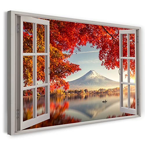 Printistico Bilder Fensterblick 120x80cm Baumwoll-Leinwand auf Keilrahmen mit Aufhänger moderner Kunstdruck XXL Wandbilder Wand-Dekoration Fuji Japan Berg Kirschblüten Sommer - Natur-Fotografie von Printistico