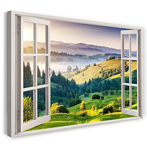 Printistico Leinwandbild (120x80cm) Fensterblick - Hügel Landschaft Sommer Nebel Sonnenaufgang - Natur-Fotografie, echter Holz-Keilrahmen inkl. Aufhänger, handgefertigt in Deutschland von Printistico