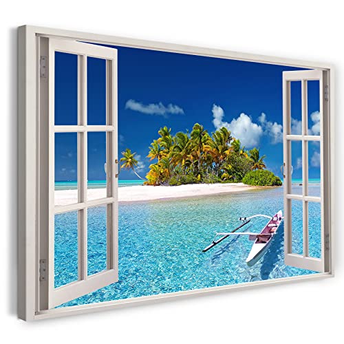 Printistico Leinwandbild (120x80cm) Fensterblick - Insel Palmen Urlaub Meer Strand - Natur-Fotografie, echter Holz-Keilrahmen inkl. Aufhänger, handgefertigt in Deutschland von Printistico