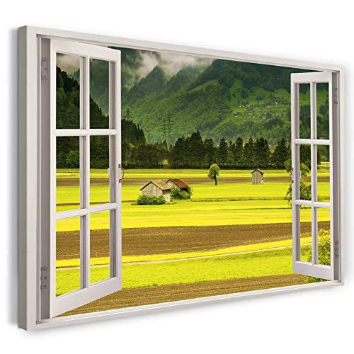 Printistico Leinwandbild (120x80cm) Fensterblick - Landschaft Berge Felder Baum Natur - Natur-Fotografie, echter Holz-Keilrahmen inkl. Aufhänger, handgefertigt in Deutschland von Printistico