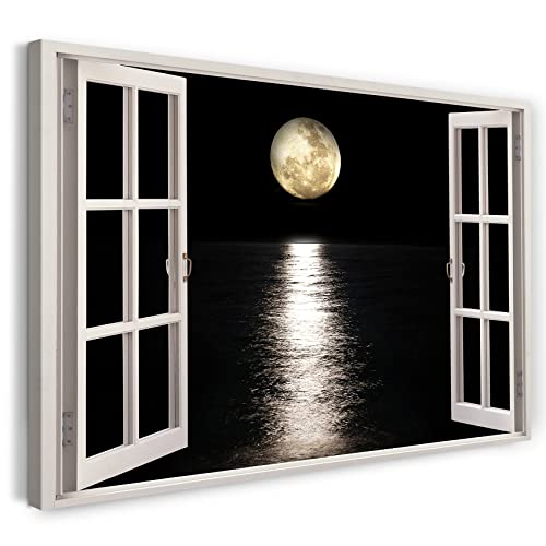 Printistico Bilder Fensterblick 120x80cm Baumwoll-Leinwand auf Keilrahmen mit Aufhänger moderner Kunstdruck XXL Wandbilder Wand-Dekoration Mondschein Meer Wasser Spiegelung Natur - Natur-Fotografie von Printistico