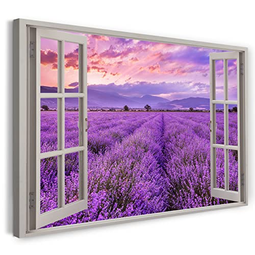 Printistico Leinwandbild (120x80cm) Fensterblick - Sonnenuntergang Blumen Feld Violet - Natur-Fotografie, echter Holz-Keilrahmen inkl. Aufhänger, handgefertigt in Deutschland von Printistico