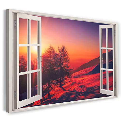 Printistico Leinwandbild (120x80cm) Fensterblick - Sonnenuntergang Hügel Berge Winter Rot - Natur-Fotografie, echter Holz-Keilrahmen inkl. Aufhänger, handgefertigt in Deutschland von Printistico