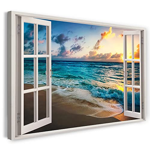 Printistico Leinwandbild (120x80cm) Fensterblick - Sonnenuntergang am Meer Strand Sand Urlaub - Natur-Fotografie, echter Holz-Keilrahmen inkl. Aufhänger, handgefertigt in Deutschland von Printistico