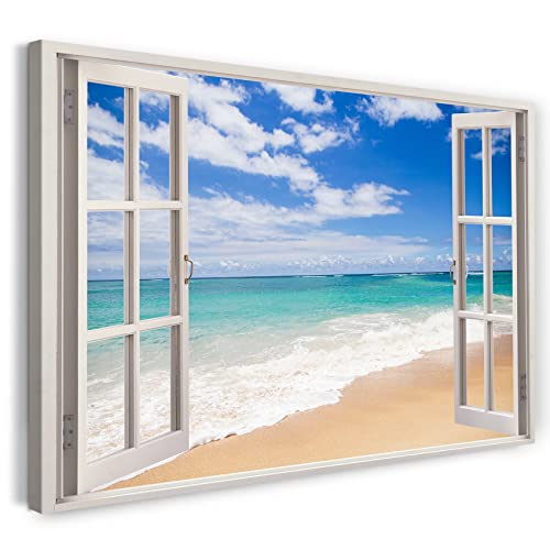 Printistico Leinwandbild (120x80cm) Fensterblick - Strand Urlaub Sand Meer Sonne - Natur-Fotografie, echter Holz-Keilrahmen inkl. Aufhänger, handgefertigt in Deutschland von Printistico