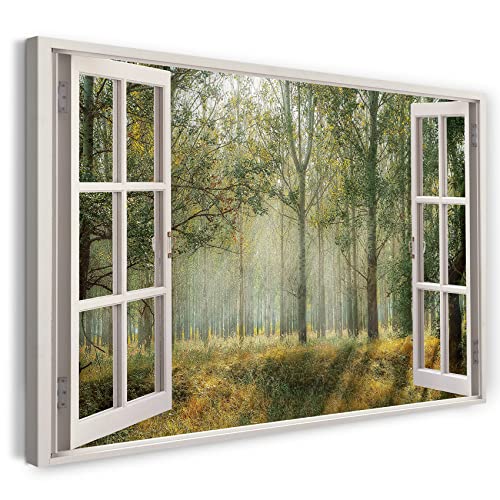 Printistico Leinwandbild (120x80cm) Fensterblick - Wald Moos Pflanzen Sonne - Natur-Fotografie, echter Holz-Keilrahmen inkl. Aufhänger, handgefertigt in Deutschland von Printistico