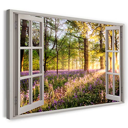 Printistico Leinwandbild (120x80cm) Fensterblick - Wald Sonnenuntergang Licht Stimmung - Natur-Fotografie, echter Holz-Keilrahmen inkl. Aufhänger, handgefertigt in Deutschland von Printistico