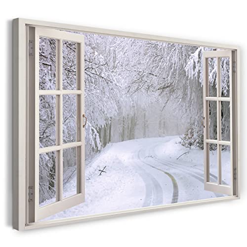 Printistico Leinwandbild (120x80cm) Fensterblick - Wald Straße Winter Natur Schnee - Natur-Fotografie, echter Holz-Keilrahmen inkl. Aufhänger, handgefertigt in Deutschland von Printistico