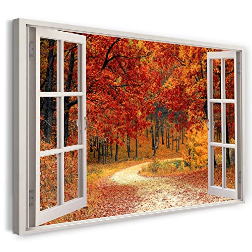 Printistico Leinwandbild (120x80cm) Fensterblick - Wald Weg Natur Blätter Herbst - Natur-Fotografie, echter Holz-Keilrahmen inkl. Aufhänger, handgefertigt in Deutschland von Printistico