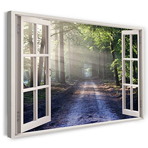 Printistico Leinwandbild (120x80cm) Fensterblick - Wald Weg Natur Sonnenstrahlen Pflanzen - Natur-Fotografie, echter Holz-Keilrahmen inkl. Aufhänger, handgefertigt in Deutschland von Printistico