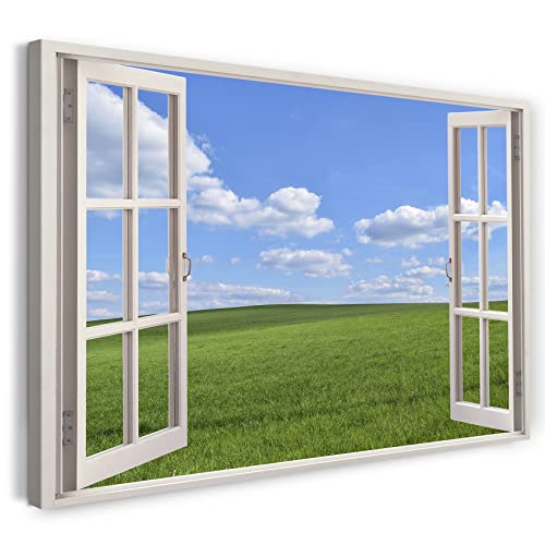 Printistico Leinwandbild (120x80cm) Fensterblick - Wiese Windows Himmel Natur Landschaft - Natur-Fotografie, echter Holz-Keilrahmen inkl. Aufhänger, handgefertigt in Deutschland von Printistico