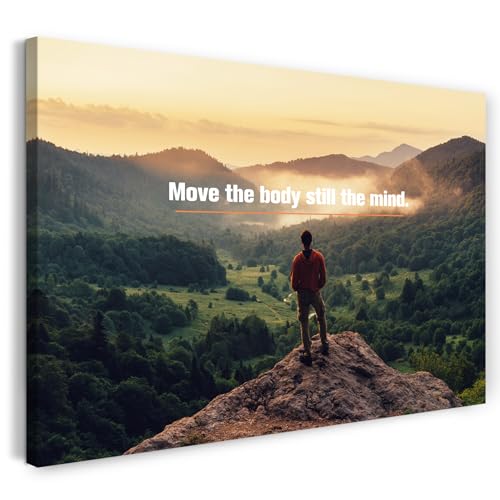 Printistico Leinwandbild (120x80cm) Move the body, still the mind - Selfcare Spruch, Bewegen, Loslassen, echter Holz-Keilrahmen inkl. Aufhänger, handgefertigt in Deutschland von Printistico