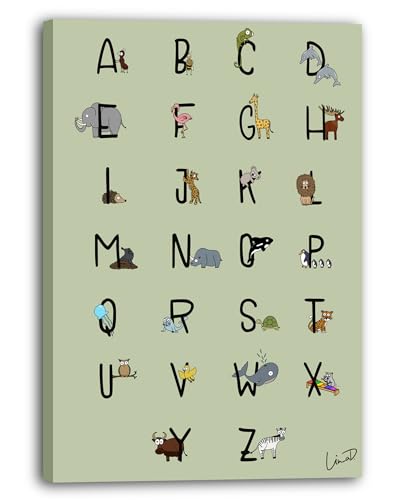 Leinwandbild (40x60cm) ABC Poster mit Tieren in Grün - Deutsches Alphabet by Lina D. von Printistico