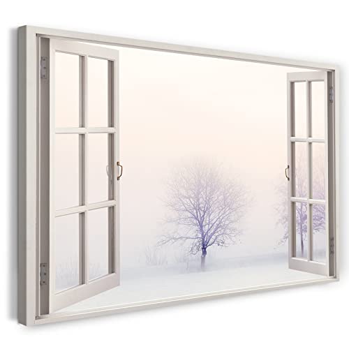 Printistico Leinwandbild (60x40cm) Fensterblick - Winter Schnee Nebel Natur Bäume - Natur-Fotografie, echter Holz-Keilrahmen inkl. Aufhänger, handgefertigt in Deutschland von Printistico