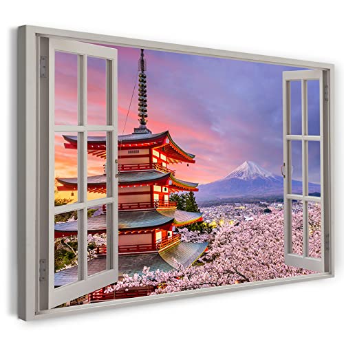 Printistico Leinwandbild (80x60cm) Fensterblick - Fuji Tempel Japan Sonnenuntergang Asien - Natur-Fotografie, echter Holz-Keilrahmen inkl. Aufhänger, handgefertigt in Deutschland von Printistico