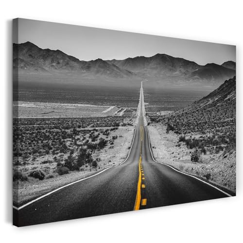Printistico Leinwandbild (80x60cm) Wüstenstraße durch Berglandschaft - Landschaftsfotografie schwarz weiß, echter Holz-Keilrahmen inkl. Aufhänger, handgefertigt in Deutschland von Printistico