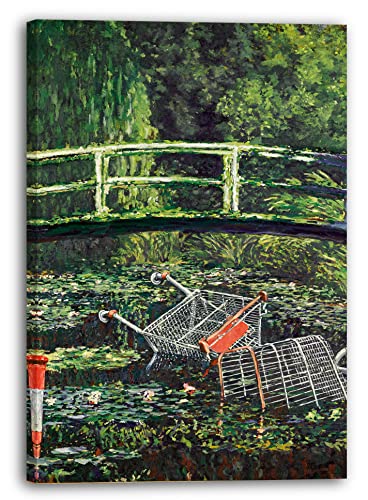 Printistico Leinwandbild Banksy Meets Monet Japanische Brücke Seerosen - Klimaschutz Street-Art Moderner Kunstdruck Canvas von Printistico