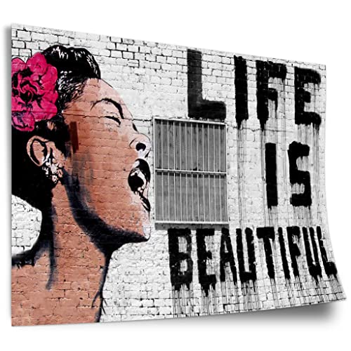 Printistico Poster aus Baumwolle Banksy - Life is Beautiful Frau mit Rose im Haar mit Schriftzug Kunstdruck ohne Rahmen, Wandbild - A4, A3, A2, A1, A0, XXL - Wohnzimmer, Schlafzimmer, Küche, Deko von Printistico