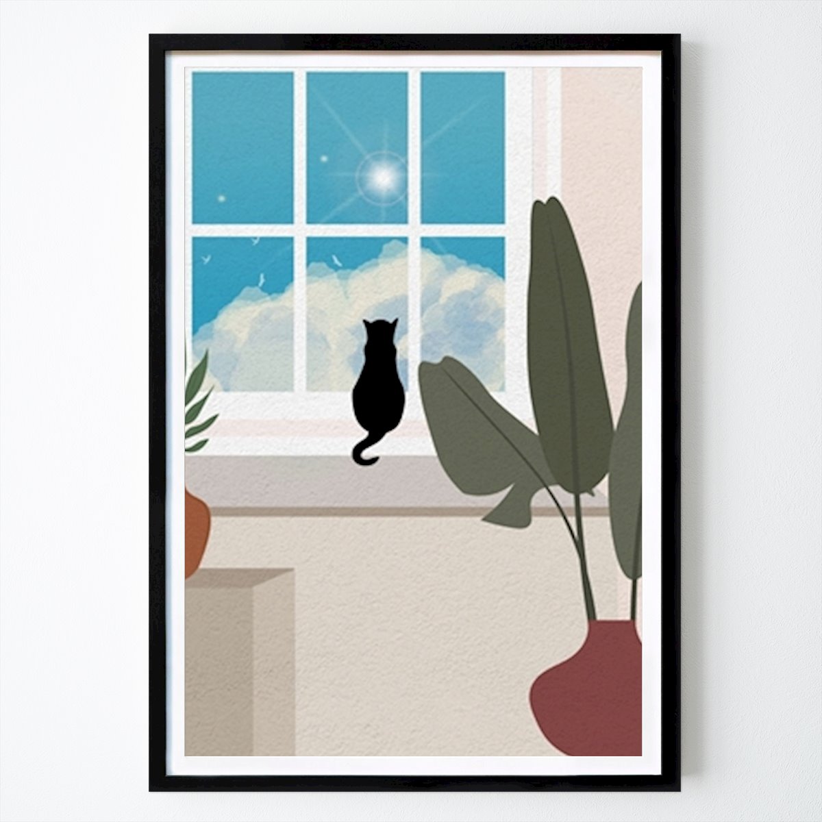 Poster: Katze mit Pflanze am Fenster von Ricky Aditya Perdana von Printler