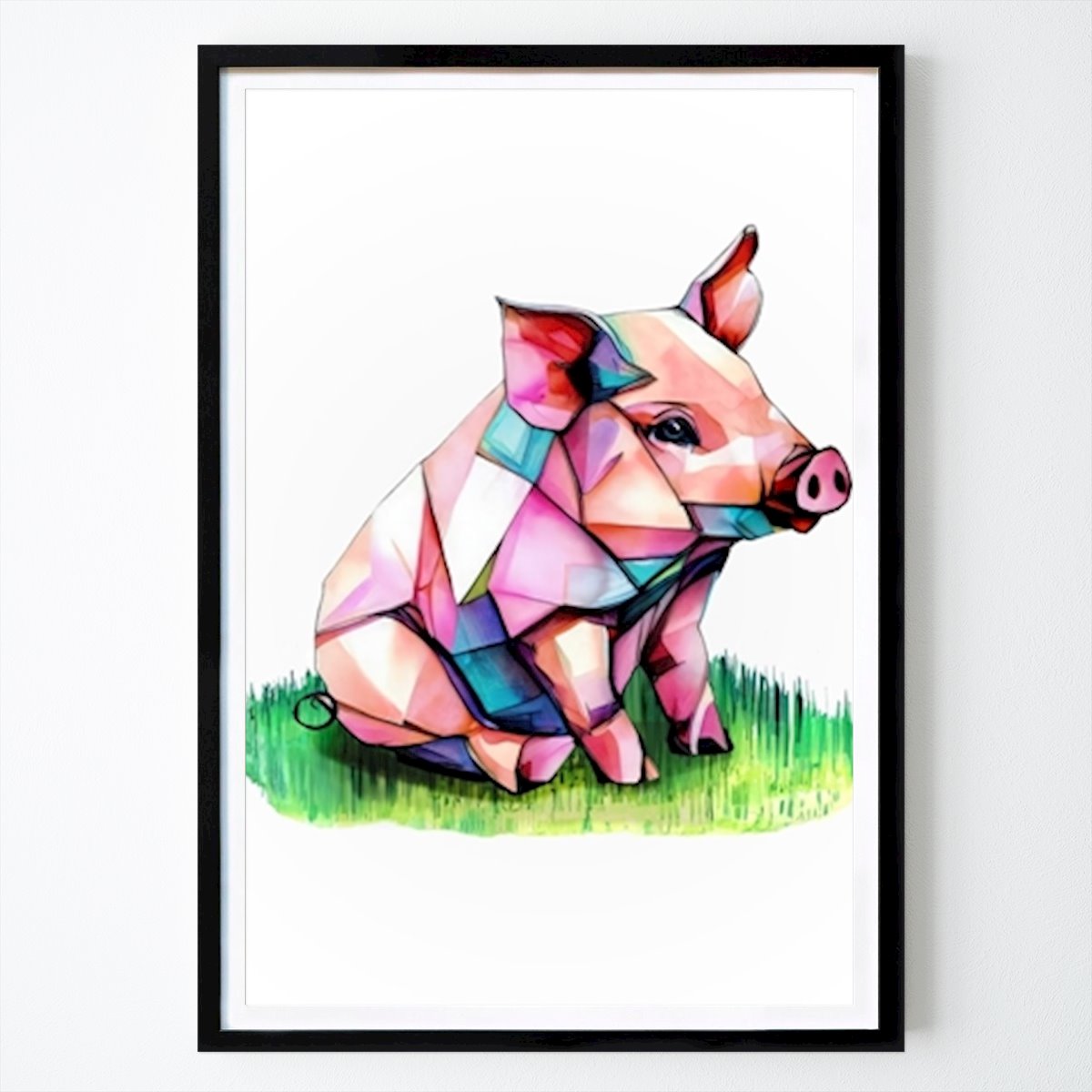 Poster: Low-Poly-Schwein auf Grasfleck von Patrik Molntuss von Printler