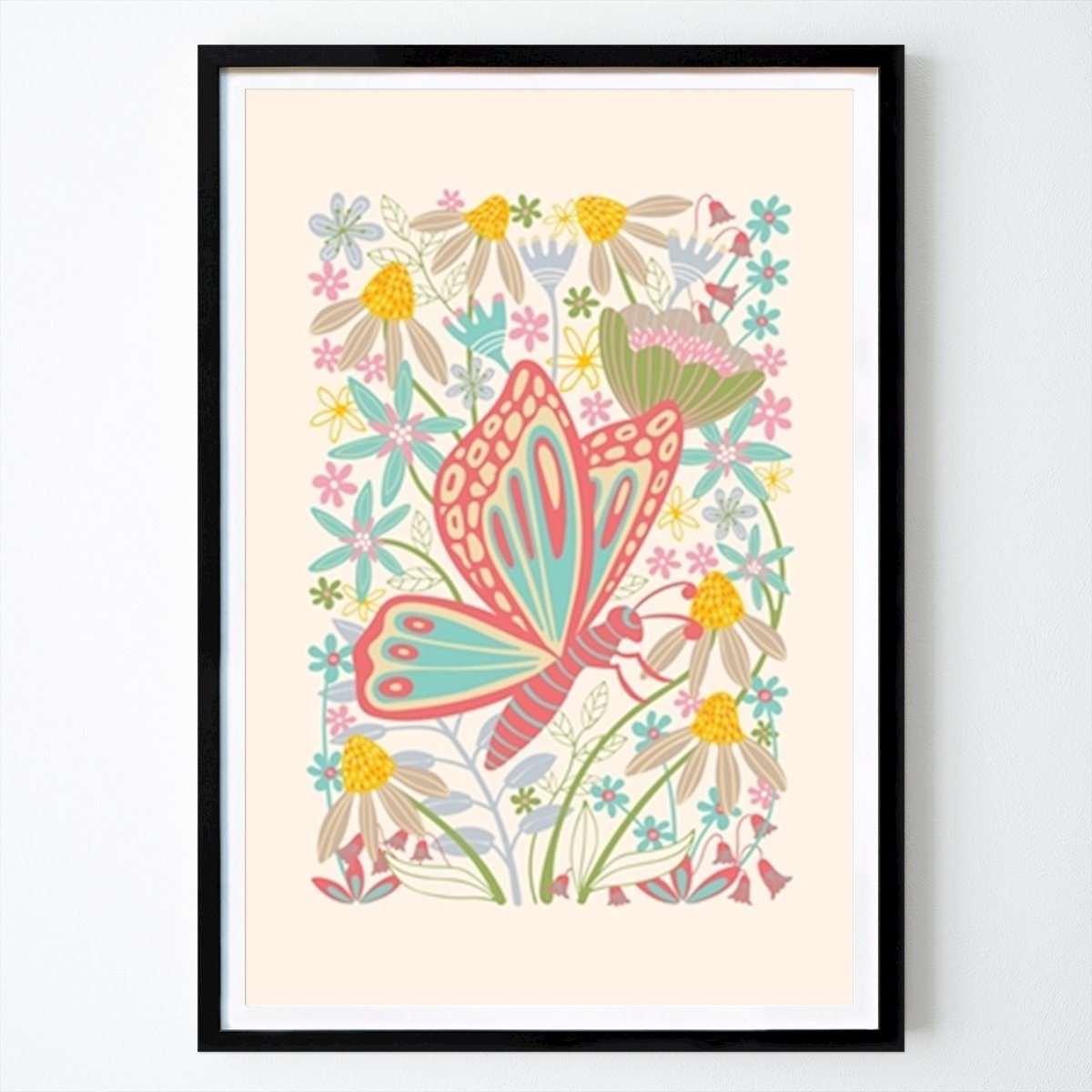 Poster: SCHMETTERLINGSLANDUNG Niedliche Blumen von Jackie Tahara von Printler