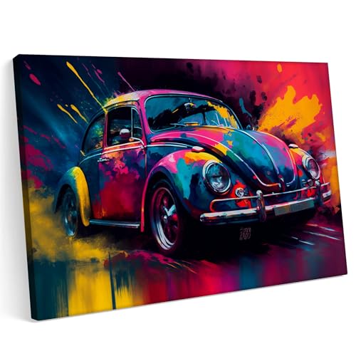 Printonia Leinwandbild m Bild auf Leinwand 70x50 VW Käfer Classic Oldtimer Neon Abstrakt Bunt von Printonia