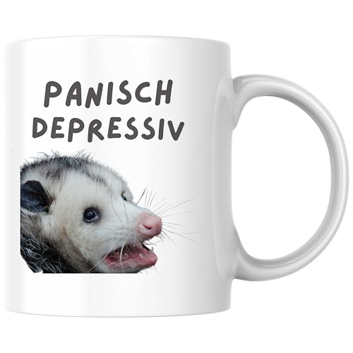 Panisch Depressiv Opossum Meme Selbstironie Panik Edgy Kaffee Tasse Geschenk (Weiß) von Printparade
