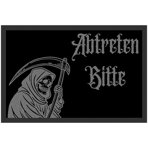 Printparade Abtreten Bitte Sensenmann Wortspiel Tod Schwarzer Humor Horror Clever Wortwitz Goth Emo Düster Geschenk Fußmatte von Printparade