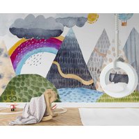 Aquarell Berge Kinderzimmer Bergwandbild Abnehmbare Tapete Regenbogen Wandbild Schälen Und Aufkleben Bunte von PrintsEmporiumStudio