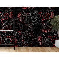 Schwarze Rote Farbe Abstrakte Graffiti-Liebes-Wand-Kunst Urban Wohnzimmer Graffiti-Tapete Schälen Und Stick-Entfernbares Wandbild-Graffiti-Tapete von PrintsEmporiumStudio