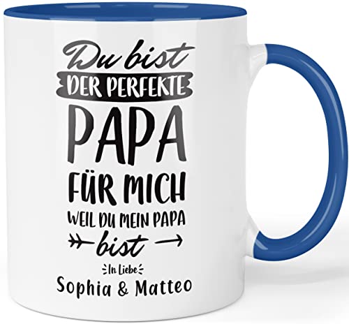 Personalisierte Tasse mit Spruch - Du bist der perfekte Papa weil du mein Papa bist - Vatertagsgeschenk- Tasse personalisiert Geschenk zum Vatertag Herrentag Papatag - anpassbare Namen Farbe: Blau von Printschmiede