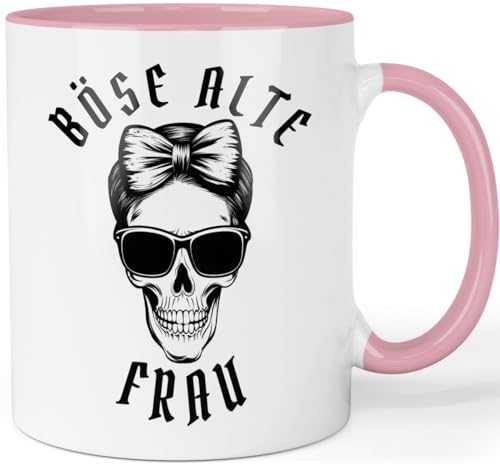 Tasse mit Spruch - Böse alte Frau - lustige Bürotasse Arbeitskollegin - Sarkasmus Sprüche Tasse - Totenkopf Tasse Farbe: Rosa von Printschmiede