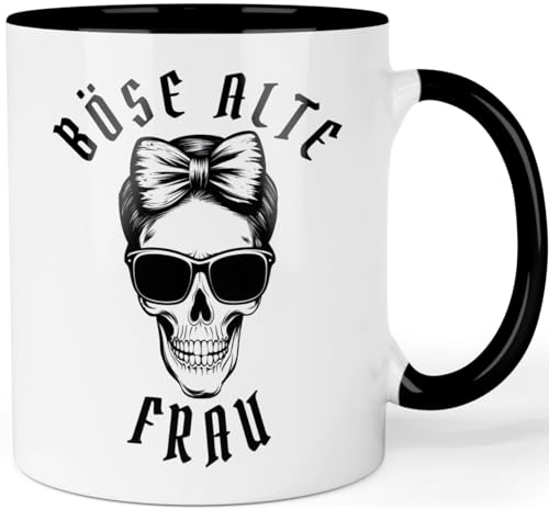 Tasse mit Spruch - Böse alte Frau - lustige Bürotasse Arbeitskollegin - Sarkasmus Sprüche Tasse - Totenkopf Tasse Farbe: Schwarz von Printschmiede