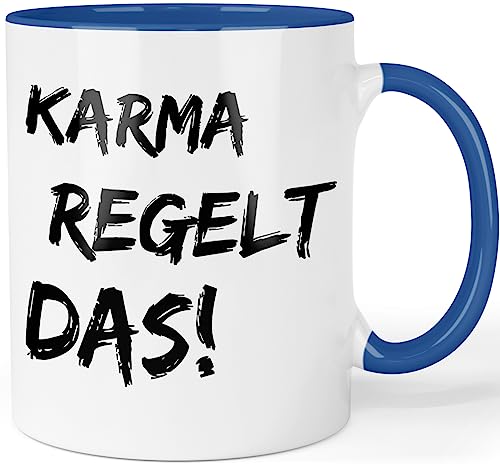 Tasse mit Spruch - Karma regelt das - lustige Bürotasse Arbeitskollegen - Karma Tasse - Sarkasmus Sprüche Tasse Farbe: Blau von Printschmiede