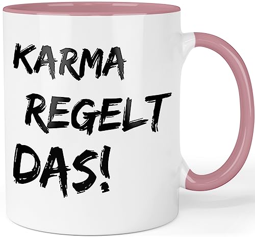 Tasse mit Spruch - Karma regelt das - lustige Bürotasse Arbeitskollegen - Karma Tasse - Sarkasmus Sprüche Tasse Farbe: Rosa von Printschmiede