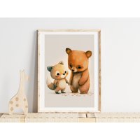 Kinderbild Fuchs Und Bär, Poster Für Kinderzimmer, Kinderzimmer Wandkunst, Tierbilder Jungen Mädchen, Beige von Printsitiv