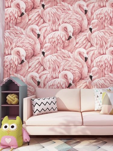 Romantische Tapete mit Flamingo-Federn, geprägt, strukturiert, 10 x 0,53 m, für Schlafzimmer, Wohnzimmer, 5,3 m² (B x L) von Prior.choice