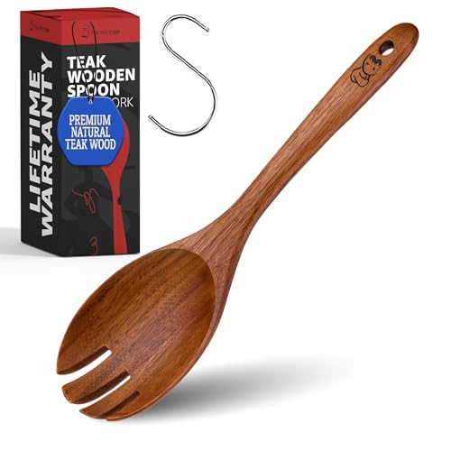 Priority Chef Salatbesteck aus Holz – einzelnes Teak-Salat-Servierutensil zum Werfen und Servieren von Gemüse, Nudeln und Seiten – langlebiges, antihaftbeschichtetes Küchenwerkzeug von PriorityChef
