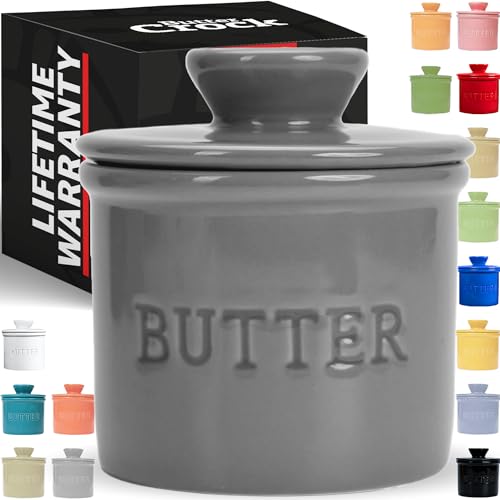 PriorityChef Buttertopf mit Deckel, auf Anfrage, streichbare Butter, französischer Butterbehälter zum Ablassen auf der Theke mit Wasserlinie, französische Butterdose aus Keramik, Grau von PriorityChef