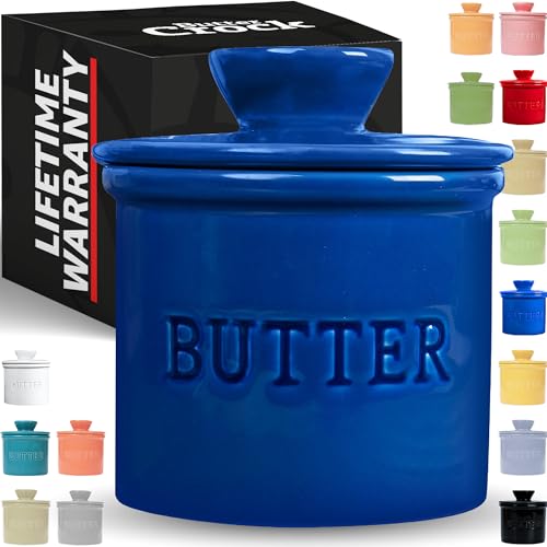 PriorityChef Buttertopf mit Deckel, auf Anfrage, streichbare Butter, französischer Butterbehälter zum Verlassen auf der Theke mit Wasserlinie, französische Butterdose aus Keramik, Dunkelblau von PriorityChef