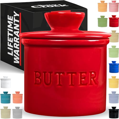 PriorityChef Buttertopf mit Deckel, auf Anfrage, streichbare Butter, französischer Butterbehälter zum Verlassen auf der Theke mit Wasserlinie, französische Butterdose aus Keramik, Rot von PriorityChef
