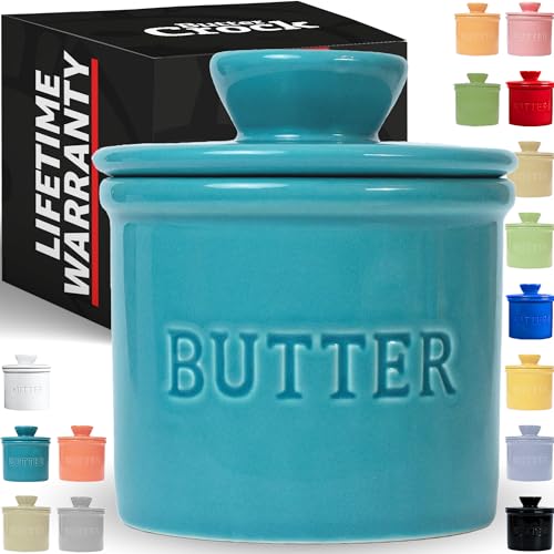 PriorityChef Buttertopf mit Deckel, auf Anfrage, streichbare Butter, französischer Butterbehälter zum Verlassen auf der Theke mit Wasserlinie, französische Butterdose aus Keramik, Türkis von PriorityChef