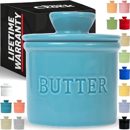PriorityChef Buttertopf mit Deckel, auf Anfrage streichbare Butter, französischer Butterbehälter zum Ablassen auf der Theke mit Wasserlinie, französische Butterdose aus Keramik, Hellblau von PriorityChef