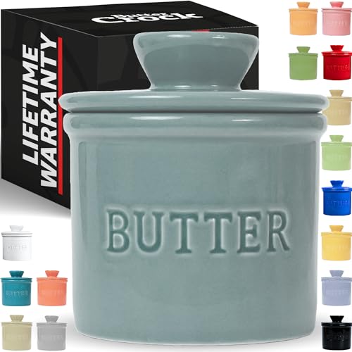 PriorityChef Französischer Buttertopf mit Deckel, Get on Demand Streichbare Butter, Keramik-Butterbehälter zum Ablassen auf der Theke mit Wasserlinie, Hellgrau von PriorityChef