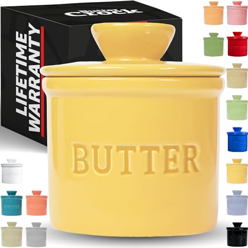 PriorityChef Französischer Buttertopf mit Deckel, streichbare Butter, Keramik-Butterbehälter zum Ablassen auf der Theke mit Wasserlinie, Khaki-Gelb von PriorityChef