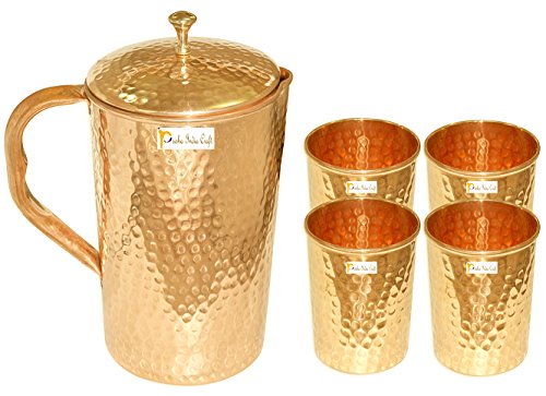 Indische reines kupfer krug mit 4 becher glas gesetzt für ayurvedische heilung, kapazität 1,6 liter von Prisha India Craft