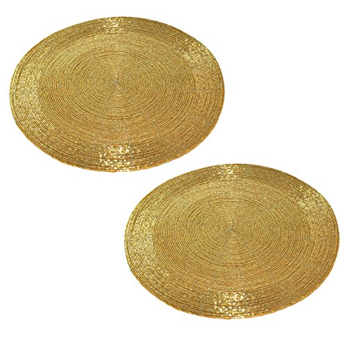 Prisha India Craft Set von 2 handgefertigten, goldfarbenen Perlen, rund, Ethnische Tischset/Tischset, dekorative Tischsets, großer Untersetzer, ideal für Esstisch (Durchmesser – 30,5 cm) von Prisha India Craft